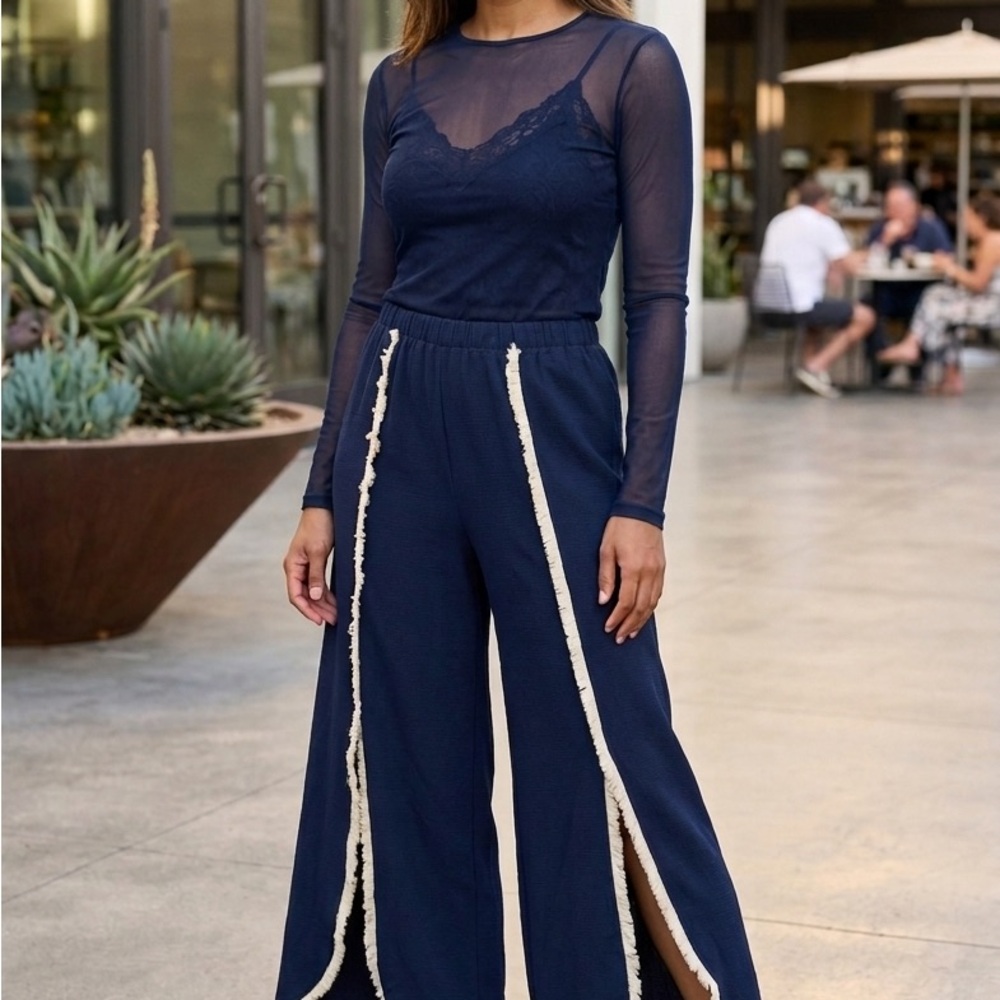 Navy Wide-Leg Fringe Trim Pants - Women